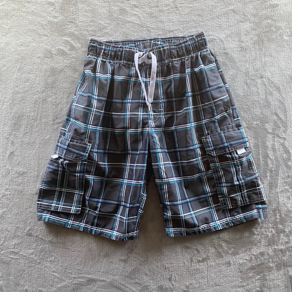 Kanu Surf Mens Plaid Cargo Swim Trunks Gray Teal Board Shorts Size Small